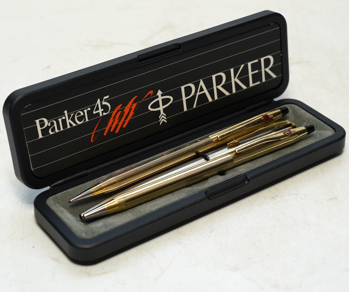 A Parker ballpoint pen, a rolled gold ballpoint pen and propelling pencil (3). Condition - good but not tested as working